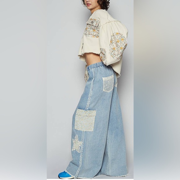 POL Light Blue Flare Jeans Star Patches Fabric Pockets Elastic Drawstring Waist - Picture 8 of 15